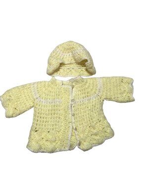 Vtg Infant Knitted Yellow Sweater w/Hat Handmade Pearly Buttons 0-8 Months Korea
